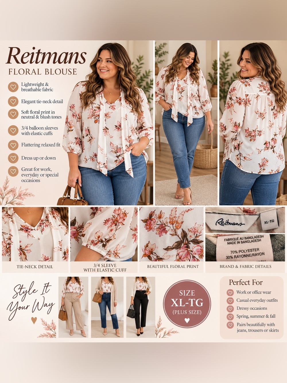 Reitmans Cream Floral Tie-Neck Blouse with Pink Blooms
